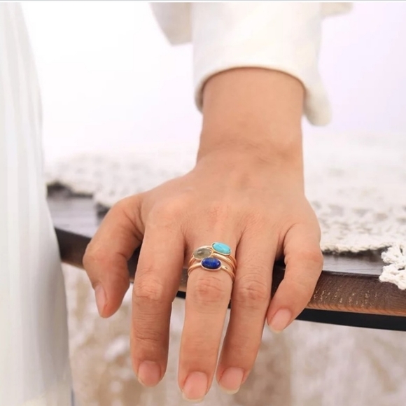 Adjustable Semi Precious Oval Stacked Ring Set of 3 - Picture 7 of 7